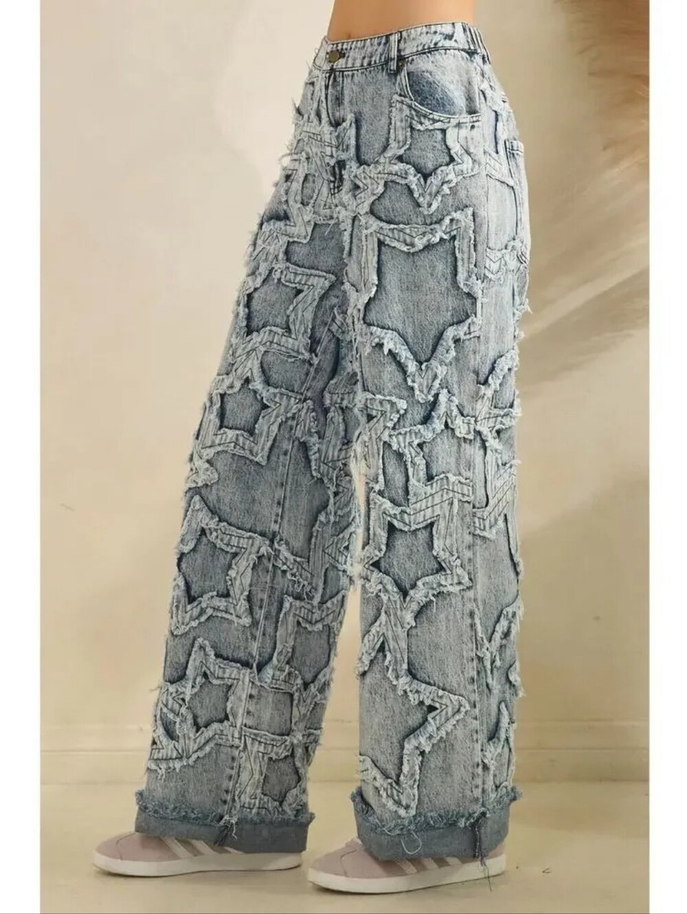 Oli "Star Party" Applique Straight Wide-Leg Star Denim Pants in Light Blue Sz S - Picture 3 of 6